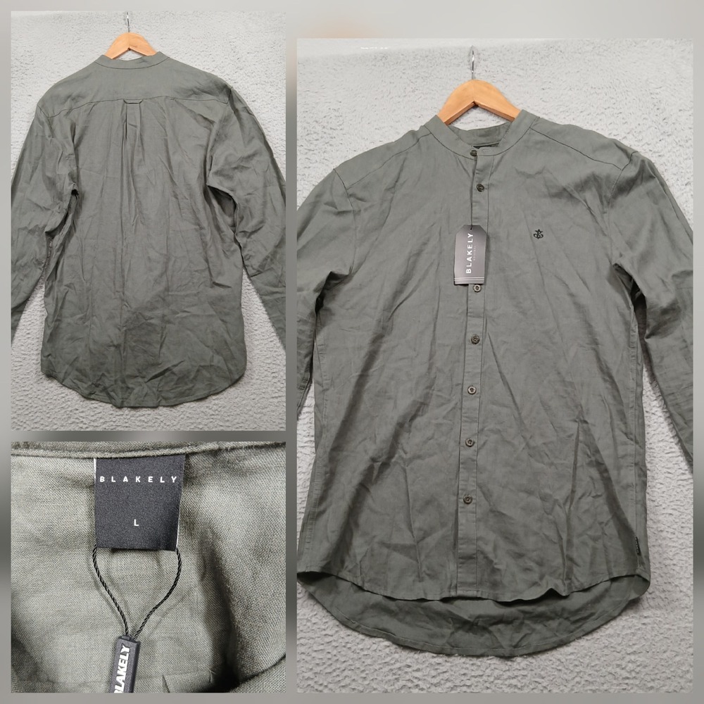 Blakely Linen Blend Band Collar Shirt Men's Large Olive Green NWT